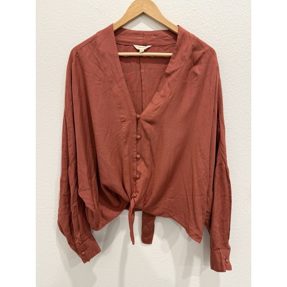 Sim & Sam Blouse Women's XL V-Neck Rust Orange Button Up Tie Short Sleeve Top